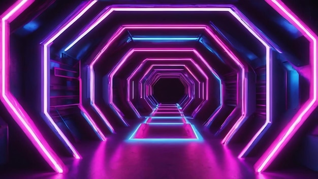 3d abstract background with neon lights neon tunnel space construction 3d illustration