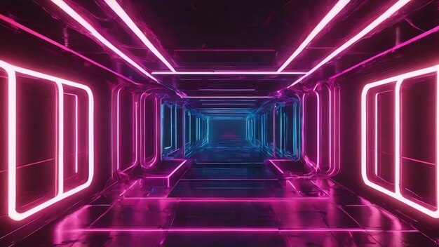 3d abstract background with neon lights neon tunnel space construction 3d illustration