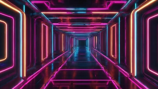 3d abstract background with neon lights neon tunnel space construction 3d illustration