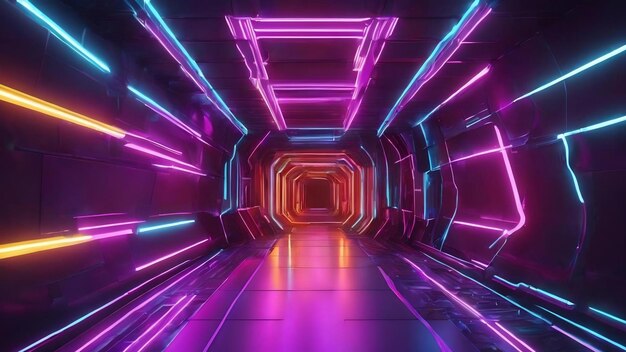 3d abstract background with neon lights neon tunnel space construction 3d illustration