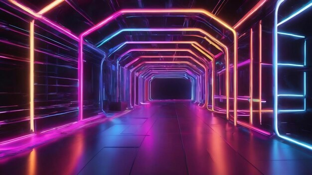 3d abstract background with neon lights neon tunnel space construction 3d illustration