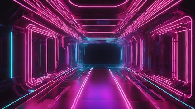 3d abstract background with neon lights neon tunnel space construction 3d illustration