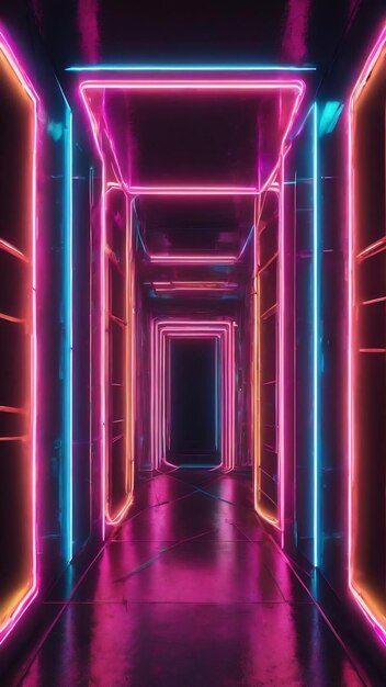 3d abstract background with neon lights neon tunnel space construction 3d illustration