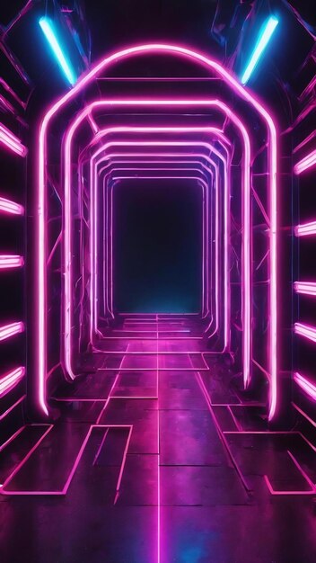 3d abstract background with neon lights neon tunnel space construction 3d illustration