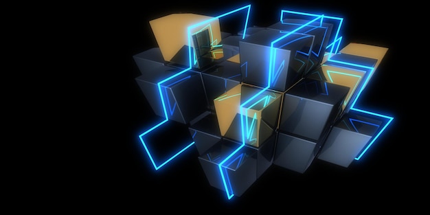 3D abstract background with neon lights neon tunnel space CUBES construction 3d illustration