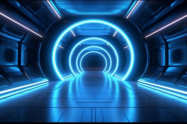 3D abstract background with neon lights neon tunnelspace construction 3d illustration