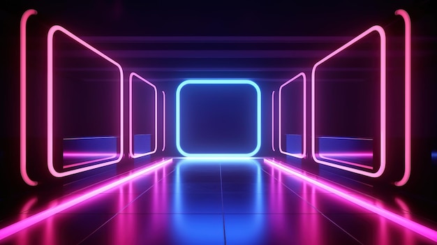 3D abstract background with neon lights neon tunnelspace construction 3d illustration