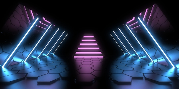 3D abstract background with neon lights.  .space construction . .3d illustration