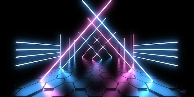 3D abstract background with neon lights.  .space construction . .3d illustration