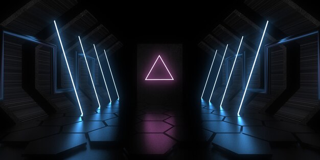 3D abstract background with neon lights.  .space construction . .3d illustration