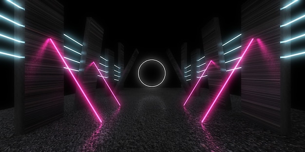 3D abstract background with neon lights.