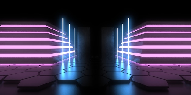 3D abstract background with neon lights. 