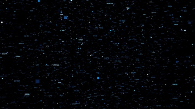 3d abstract background with random particles. randomly generated text with digits. dark technology or business background. triangles, crosses and square forms of elements with different sizes.