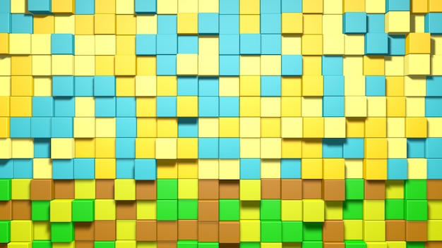 3D 추상 파란색, 노란색, 녹색, 갈색 큐브 배경
