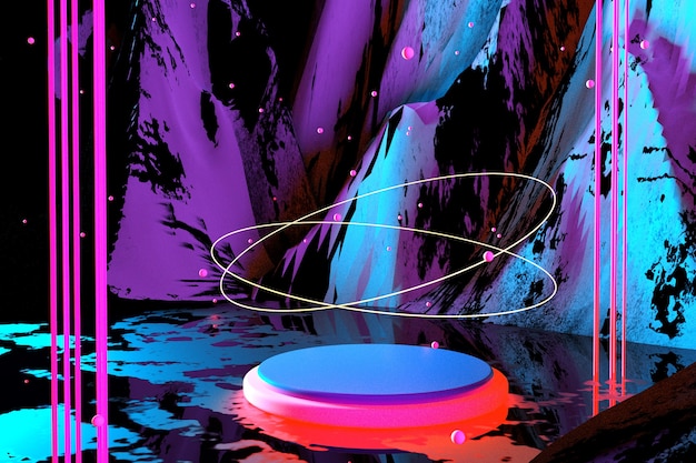 3d абстрактный яркий неоновый фон киберпространство виртуальная реальность ультрафиолет светящийся розовый подиум портал в фантастическом пространстве минимальные небоскребы ночное небо