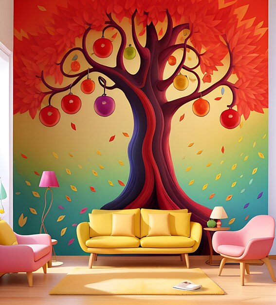 3d abstract Colorful tree with leaves on hanging branches illustration background generative ai