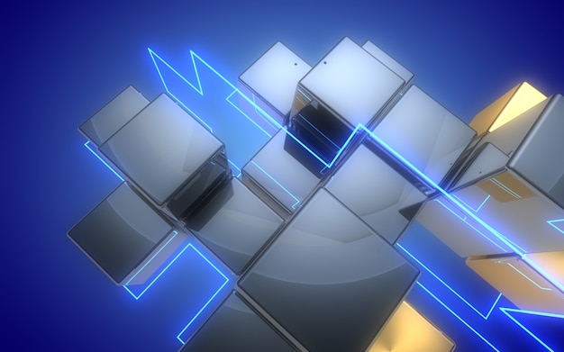 3d abstract cubes background with neon light.3d illustration