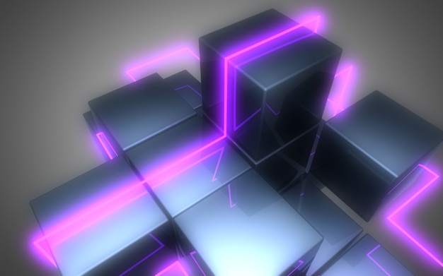 3D abstract cubes background with neon lights . 3d illustration3