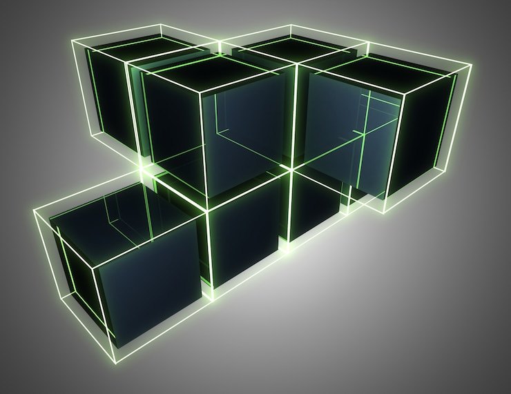 Photo 3d abstract cubes background with neon lights . 3d illustration