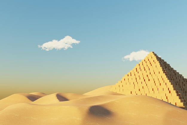 3D Abstract Desert Dune klifzand met Egyptische piramide en schone blauwe lucht Surrealistische woestijn natuurlijk
