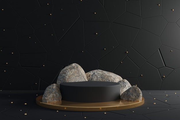 Photo 3d abstract design scene with black podium and realistic rocks.