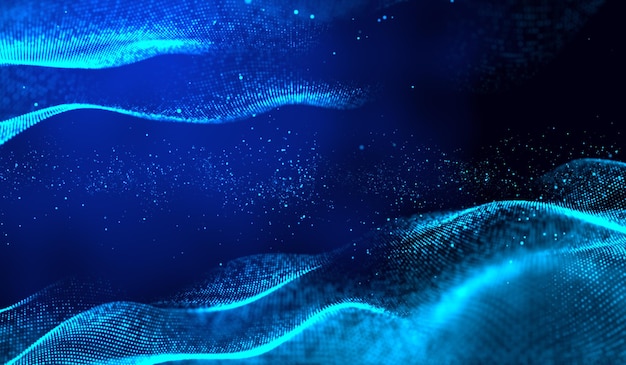 3D абстрактная цифровая технология частицы синего света сетевая волна на синем фоне