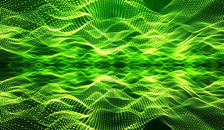 Photo 3d abstract digital technology green light particles network on green background