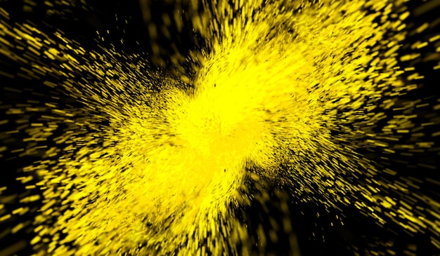 Трехмерная абстрактная фрагментация частиц цифровых технологий и смешивание желтого цвета на черном фоне