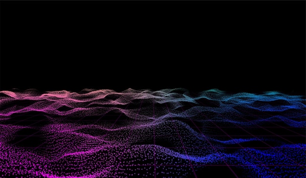 3D抽象デジタル技術 現実的な水波川 黒い背景の多色の光粒子