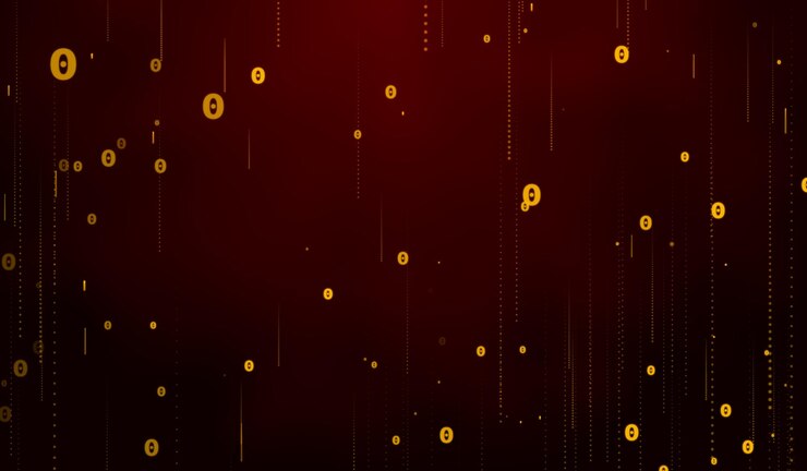 3D abstract digital technology yellow particles network on red background