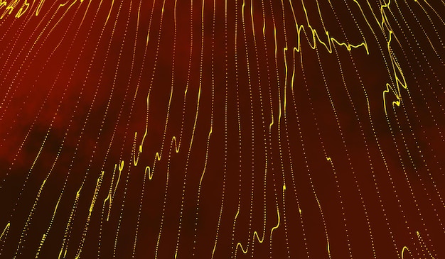 赤い背景に 3 D の抽象的なデジタル技術黄色オレンジ色の粒子ネットワーク波