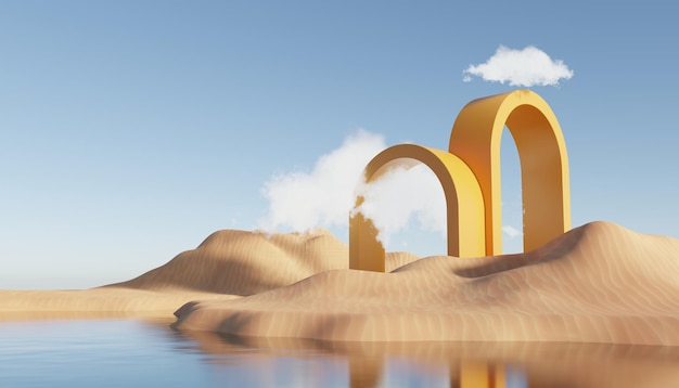 3D Abstract Dune cliff sand with metallic Arches and blue sky Surreal minimal Desert landscape