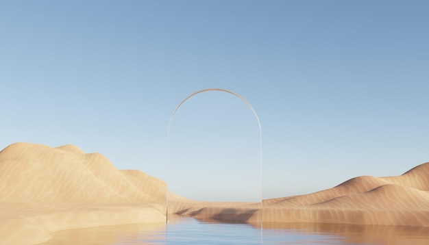 3 d の抽象的な砂丘崖砂金属アーチと青い空超現実的な最小限の砂漠の風景