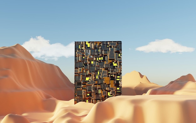 3d абстрактный песок дюны с металлическими арками и голубым небом сюрреалистический минимальный природный ландшафт пустыни