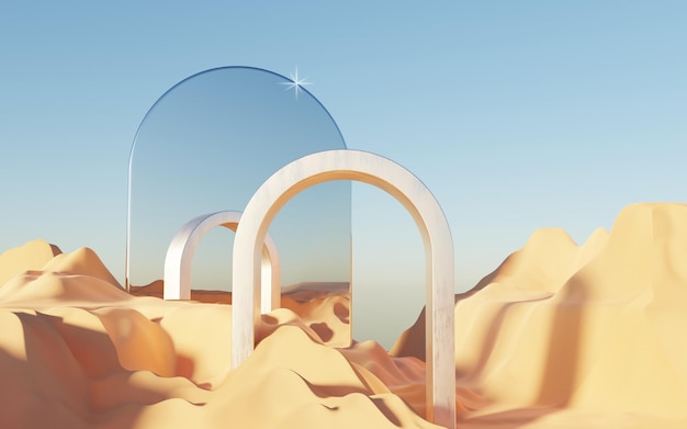 3D Abstract Dune sand with metallic Arches and blue sky Surreal minimal Desert natural landscape