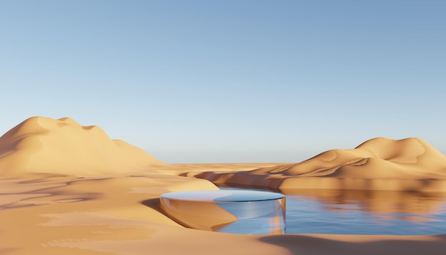 금속 연단이 있는 3d 추상 사구 모래 스탠드 초현실적인 사막 자연 풍경 배경
