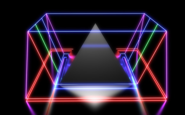 3D abstract geometric background with neon lights. 3d illustration