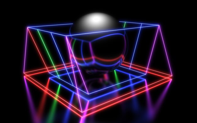 Fondo geometrico astratto 3d con luci al neon. illustrazione 3d