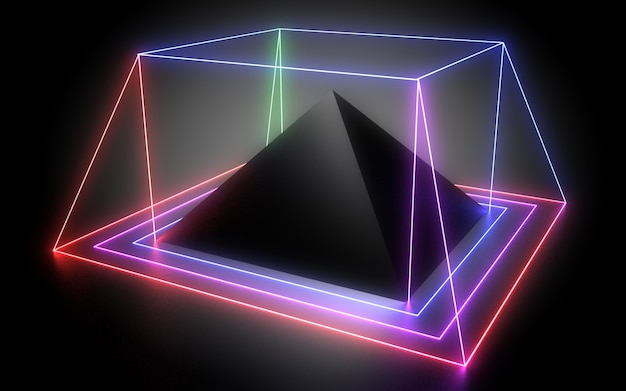 Fondo geometrico astratto 3d con luci al neon. illustrazione 3d