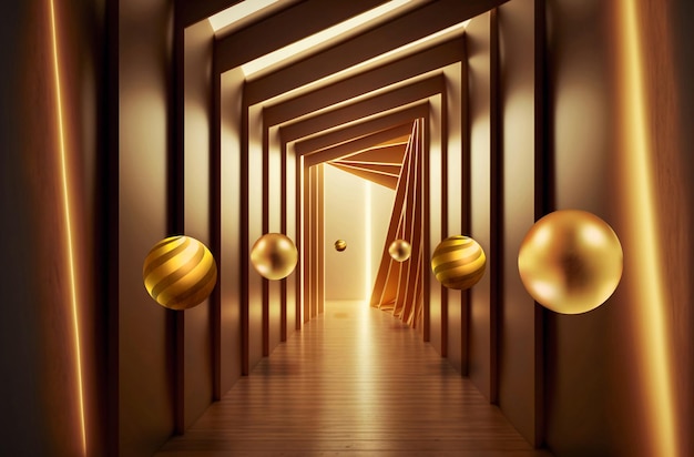 3d abstract golden metal mural wallpaper. illustration background tunnel with the golden sphere