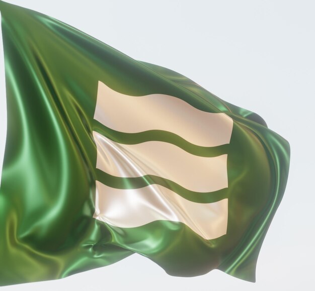 水色で分離された波状の光沢のある生地に広島の旗の3d抽象イラスト