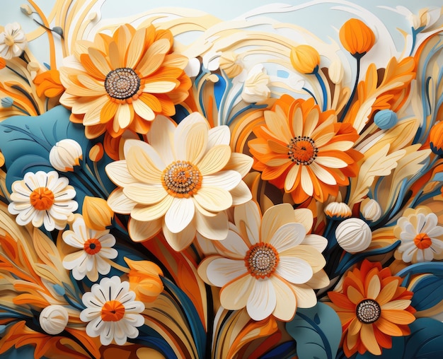 3D Abstract illustration of a pattern of leaves and blooming flowers petals bright orange and blue