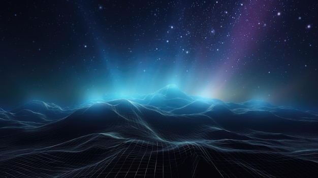 3d abstract mountain space background with wireframe landscape and galaxy nebula sky generative ai aig21