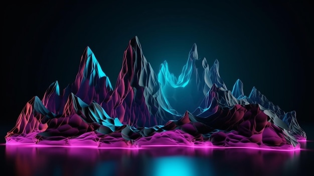 3d abstract neon background Cosmic landscape terrain at night glowing with pink blue neon light