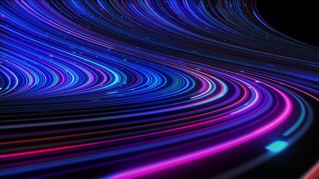 3d abstract neon background space and time strings, highway night lights. Ultra violet rays, glowing lines, virtual reality, speed of light.