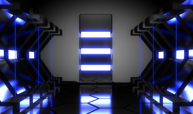 3d abstract neon room. alien reactor. spaceship. datacenter concept. 3d illustration