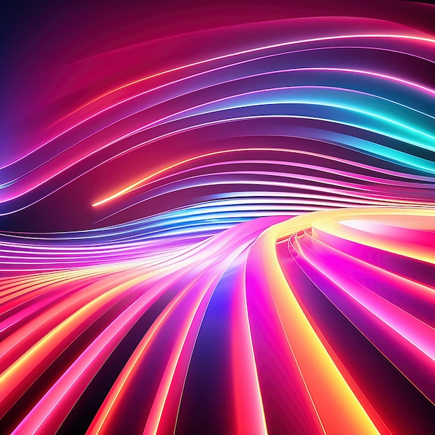 3d Abstract panoramic background of twisted dynamic neon lines in wave form