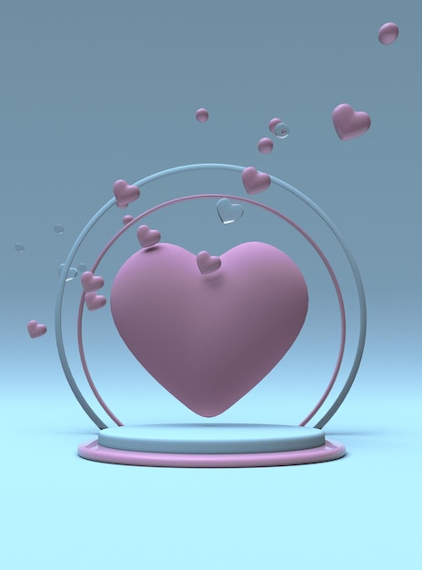 3D abstract pastel blue background with pink hearts St Valentines Day Romantic scene