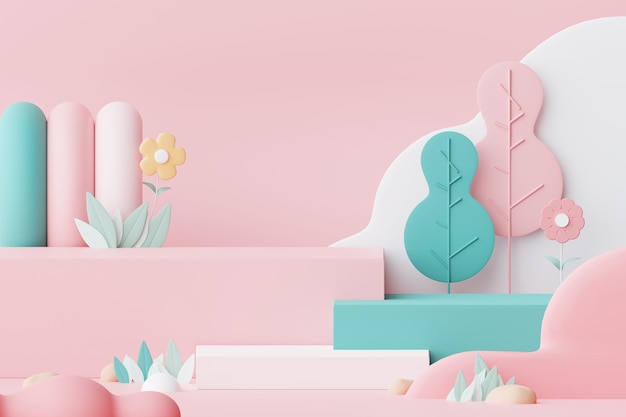 3d abstract pastel of nature flowers leaves and tree plants with podium stand platform landscape
