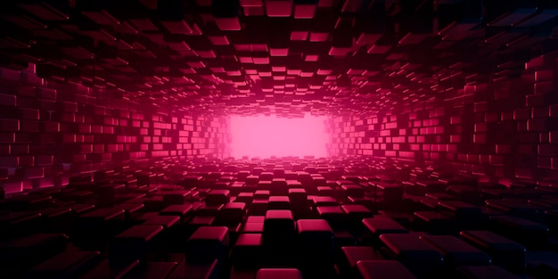 3d abstract pink metal tunnel background from squares and rectangles with light at the end